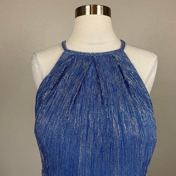 Betsy & Adam Metallic Halter Fit and Flare Mini Cocktail Dress Blue Size 12 - Picture 7 of 13